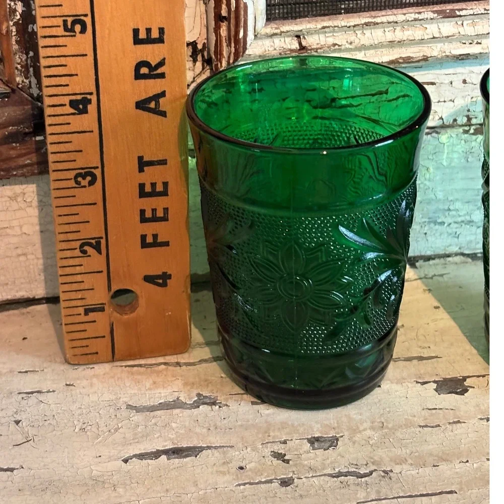 Vintage Emerald Green Indiana Glass Tumblers Floral Juice Glasses Set of 2 4in